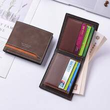 2026 Nouveau portefeuille rétro en tissu mat à patchwork bicolore, porte-cartes horizontal court pour hommes - Bleu azur - Voir 4