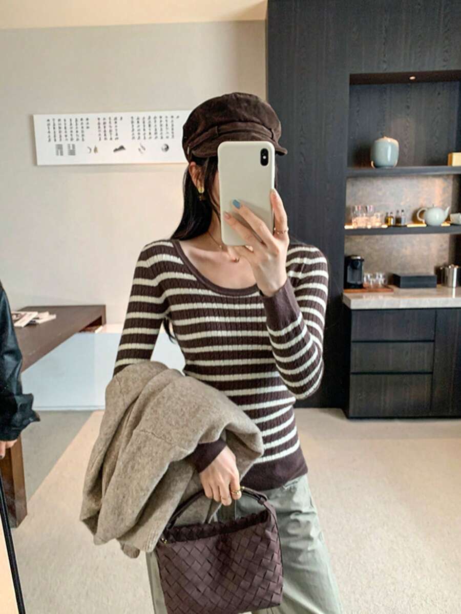 Retro Slim Fit Striped Knit Sweater Top - Brown - View 1