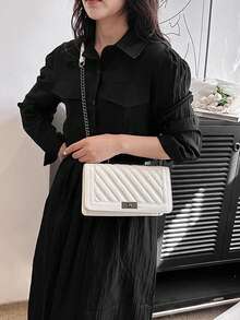 Herringbone Embroidered Twist Lock Small Square Shoulder Bag Crossbody Bag Chain Strap Women Handbag - White - View 6