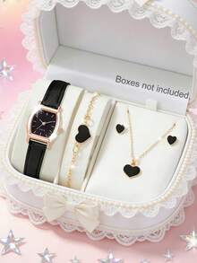 SOKI SOKI 1 Set Women's Watch With PU Leather Band, Casual Quartz Watch, Paired With Heart-Shaped Necklace, Earrings And Bracelet Jewelry Set, Suitable For Daily Wear, Birthday Gift, Party, Holiday Gathering, Ideal Gift For Yourself Or Friends. No Packaging Box Included.