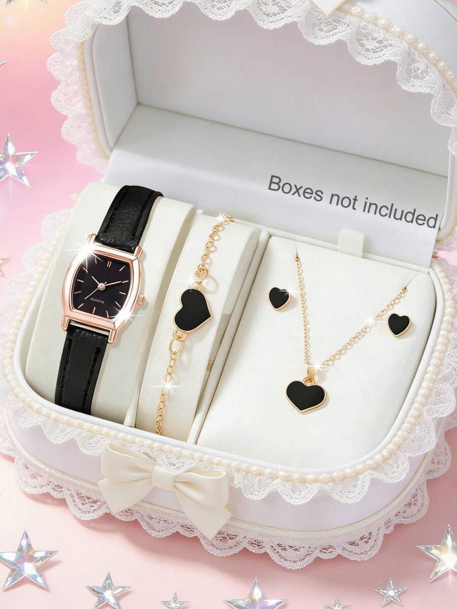 SOKI SOKI 1 Set Women's Watch With PU Leather Band, Casual Quartz Watch, Paired With Heart-Shaped Necklace, Earrings And Bracelet Jewelry Set, Suitable For Daily Wear, Birthday Gift, Party, Holiday Gathering, Ideal Gift For Yourself Or Friends. No Packaging Box Included.