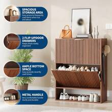 Shoe Storage Cabinet, Slim Hidden Shoe Rack Cabinet With 2 Flip Drawers & Bottom Open Shelf, Freestanding Entryway Organizer, Perfect For Closet, Hallway, Foyer - Quả óc chó - Xem 5