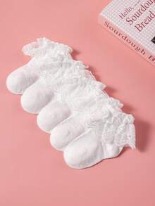 5双装女童白色休闲荷叶边蕾丝袜，时尚公主风蕾丝袜，适合日常穿着、派对、返校季等场合。 - 彩色 - 查看 9