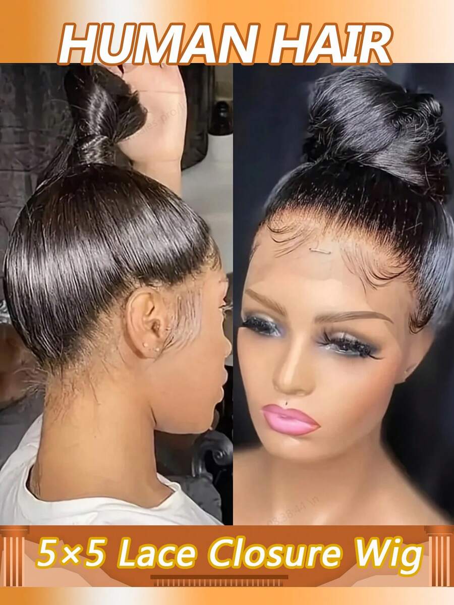 Straight Lace Front Wigs 5*5 Closure Wig Human Hair Pre Plucked 200% Density Transparent Lace Frontal With Baby Hair Wigs Suitable For Women Daily Use - Natural Black - View 1