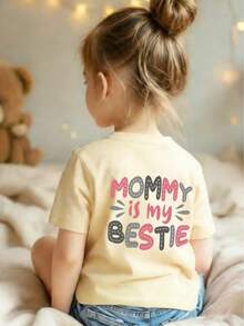 Young Girl Casual Graphic Print Crew Neck Short Sleeve T-Shirt, Summer Top - Apricot - View 3