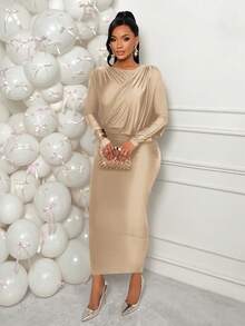 AIJ Vestido asimétrico de cuello brillante de punto de elegancia para mujer Amarilo, vestido ajustado ajustado con pliegues en la cadera, línea H con dobladillo dividido, perfecto para fiesta, boda, cita y oficina en primavera - Caqui - Ver 3