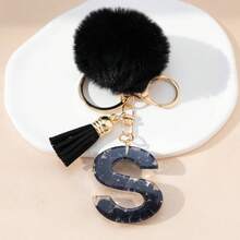 A Night Sky Star Moon English Initial Resin Keychain, Black Hairball Heart Door Buckle Hanging Decoration Tassel Decoration Design, Suitable For Bag Chains, Mobile Phone Hanging Chains, Keychains, And Gifts For Friends And Mothers - Black - View 6