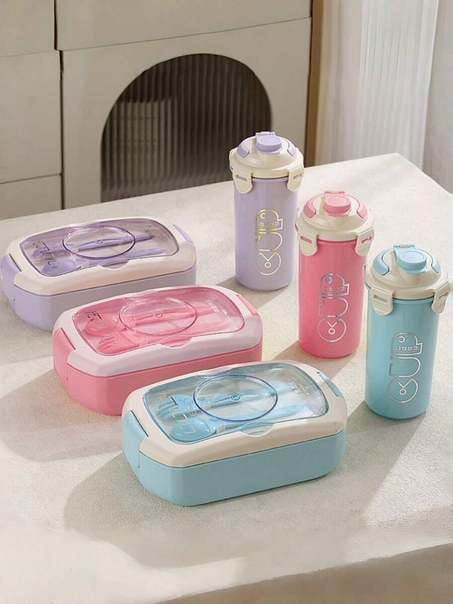 2pcs Bento Box With Water Bottle, Large 4-Compartment Lunch Box With Spoon, Fork And Sauce Container, Microwave , Suitable For Work, Commute, Students