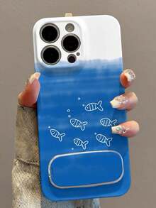 1个蓝白卡通泡泡鱼全包手机壳，带3D隐形镜面支架，兼容 11/12/13/14/15/16/17/Pro Max - 藍白色 - 查看 3