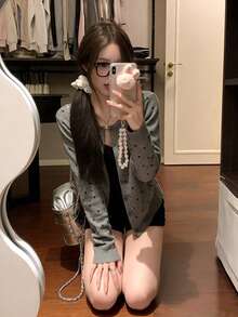 Women's Long Sleeve Polka Dot Contrast Color Cardigan Jacket, Suitable For Commuting Fall - Grey - View 8