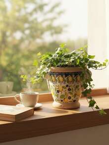 1个手工粗陶复古花盆 | 柠檬和花卉彩绘陶瓷碗，大直径深盆，适合悬挂植物和桌面景观摆放 - 彩色 - 查看 9