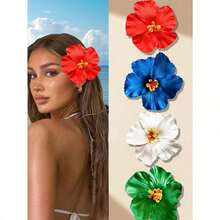 4pcs Hawaii Flower Hair Clips, Suitable For Women, 4 Pieces Artificial Flower Hair Clips, Hibiscus And Lotus Flower Hair Clips, Suitable For Beach Party, Tropical Flower Hair Accessories For Summer, Great Gift For Girls ,Flat Claw Clip, Hair Slide, Hair Claws, School Stuff - 彩色 - 查看 3