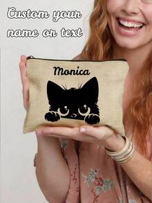 Personalized Custom Cat-Themed Handbag Set: Women's Handbag And Cosmetic Bag, Including A Black Cartoon Cat Pattern Handbag And A Small Pouch/Coin Purse, Printed With Cat, Bird, Wave, And Flower Patterns. Suitable For The Beach, This Set Features A Stylish, Large-Capacity Cosmetic Bag And A Travel Makeup Bag. Name Customization Available. - Multicolor - View 8