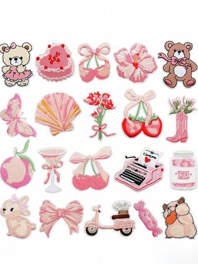 20pcs Embroidered Patches - Romantic Pink Floral Bouquet, Heart Cake, Bow Pattern Iron-On Embroidery Patches, Suitable For Christmas & New Year Holiday Clothing, Bags, Hats, Jeans And T-Shirts Decoration, Polyester Material, DIY Fashion Patches | Love Theme Decor | Exquisite Embroidery