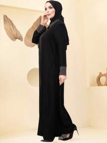 GDfashion Najma 女士黑色端庄长款罩袍，撞色滚边和袖口细节，伊斯兰休闲长袖连衣裙 - 黑色 - 查看 3