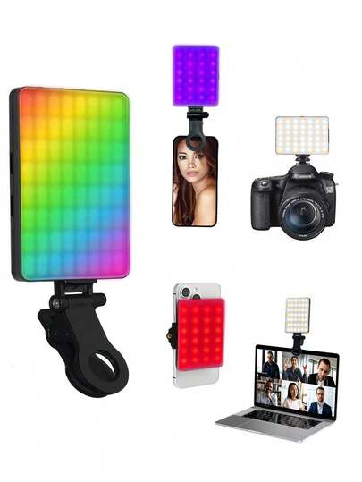 1pc Clip-On Photography Fill Light, 3 Color Temperatures & RGB Multi-Color Mode, USB 5V Rechargeable 2000mAh Battery, Adjustable Brightness, Suitable For Smartphone Video Live Streaming, Available In Black/White/Pink/Purple