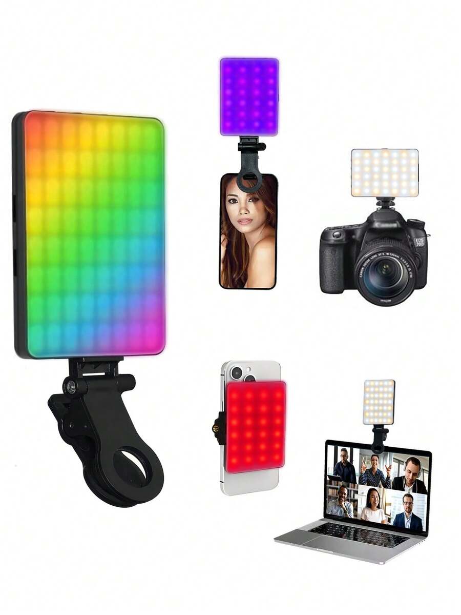 1 szt. lampa wypełniająca do fotografii z klipsem, 3 temperatury barwowe i tryb wielokolorowy RGB, akumulator USB 5 V o pojemności 2000 mAh, regulowana jasność, odpowiednia do transmisji strumieniowej wideo na żywo ze smartfona, dostępna w kolorze czarnym, białym, różowym i fioletowym - RGBCW Multicolors - Zobacz 1