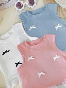 3pcs/Set Young Girl Fashion Lace Trim Sleeveless Ribbed Tank Top, Casual Bowknot Top, Versatile Outdoor Spring/Summer - Multicolor - View 3