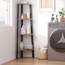 Simple Wisdom Esquinero para Sala,Librero esquinero de Madera Maciza de 4 Capas,Esquinero Simple de pie en Forma de Abanico,Adecuado para Sala de Estar,Cocina,Dormitorio,Sala de Estudio,Color Retro - Negro - Ver 5