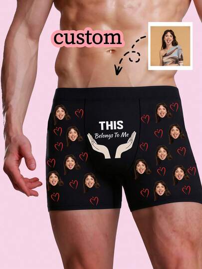 1pc Men's Customized Photo & "This Is Mine" Print Black Polyester Comfortable Fitted Romantic Novelty Briefs, Suitable For Valentine's Day Gift And Daily Wear
