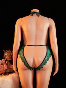 Plus-Size Lace-Up Backless Sexy Lingerie Women's Fashion Bodysuit With Deep V Neckline And No Design - 綠色 - 查看 3