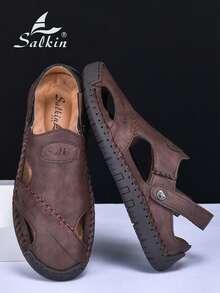 Salkin 新款设计师手工夏季男士凉鞋，价格亲民，奢华工艺，包头设计，多功能，稳固贴合，后跟带设计，平底防滑，经久耐穿，休闲百搭，适合户外、沙滩、钓鱼、散步等场合，柔软舒适透气的皮革材质，建议选购大一码。 - 紅棕色 - 查看 10