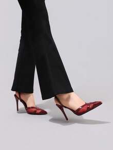 时尚蕾丝拼接高跟鞋，性感尖头超高跟派对鞋，女士酒红色细高跟凉鞋 - 酒紅色 - 查看 8