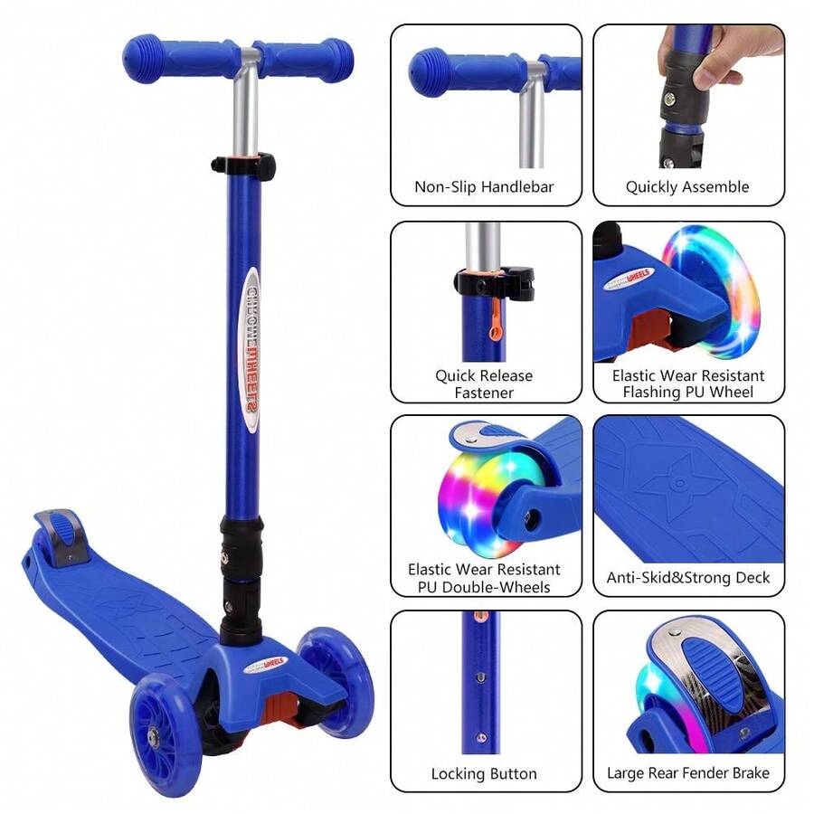 Patinete triciclo lujoso para niños, con 4 posiciones de altura ajustable, sistema de dirección por inclinación, ruedas luminosas y diseño de pedal extra ancho. Es muy fácil de armar y es el mejor regalo para los niños. - Azul - Ver 1