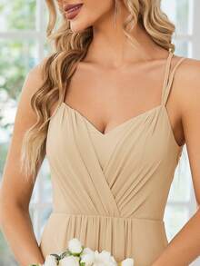 EVERPRETTY Vestido de dama de honor minimalista de unicolor con pliegues y espalda cruzada para boda de primavera - Champán - Ver 5