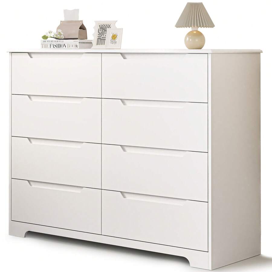 8 Drawer Dresser, 47" Wide White Dresser For Bedroom With Cut-Out Handles, Modern Wooden Chest Of Drawers With Anti-Tip Kit, For Living Room, Hallway, Entryway, Home Office, White - 白色 - 查看 1