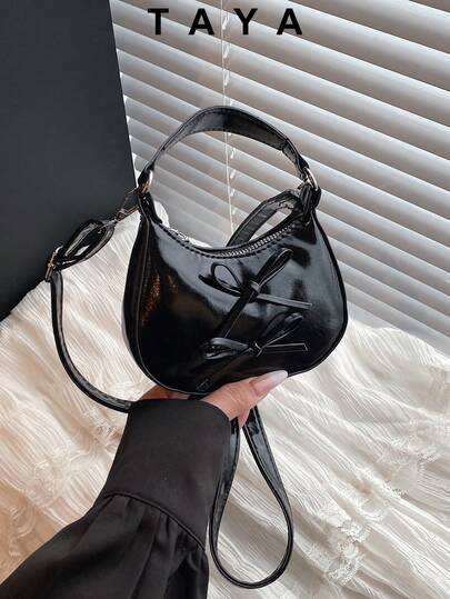 Ny vintage-mode mini-halvmånehandväska, rosettdekor, dragkedja, justerbar lång axelrem, liten kapacitet lätt minimalistisk, enfärgad mjuk axelväska, lämplig för kvinnors vardagsliv, casual, pendling, arbete, semester och studentbruk