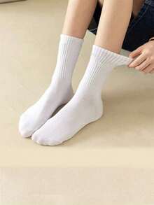 1双/3双/5双/10双装女士纯色中筒袜，透气棉质，柔软舒适，适合日常穿着，居家、办公、学校、运动等场合，黑白配色，秋季款 - 白色 - 查看 2