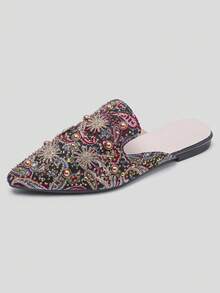 女士波西米亚复古大珍珠水钻华丽穆勒鞋 2026 女士假日正式佩斯利花纹平底穆勒鞋 女士尖头平底鞋 - 紅色 - 查看 2