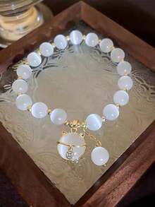 1件优雅玛瑙串珠手链 - 时尚设计，搭配精致猫咪吊坠 - 男女皆宜的完美配饰，适合日常佩戴或特殊场合 - 彩色 - 查看 8