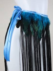 Faux Feather Tassel Waist Skirt | Adjustable Satin Tie Party, Ball, Dance Costume Accessory - A - View 2
