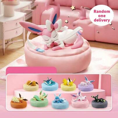 Miniso Pokemon Langbowang Series Eeveelutions Sleeping Pose Figure Blind Box, Vinyl Material, Random Eeveelution Form Delivery, Cute Sleeping Pose + Flannel Base, Desktop Decoration & Blind Box Collection Figure(1 PC Random Delivery)