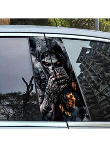 1 Pair Glowing Skull Cartoon PVC B-Pillar Stickers, Self-Adhesive Waterproof Scratch-Resistant, For Glass, Metal, Plastic, Ceramic, Wood Surfaces - Car Decals, Anime, Fantasy, Animal, Space, Cartoon Themes, Rectangular, Semi-Matte Finish - A - View 2