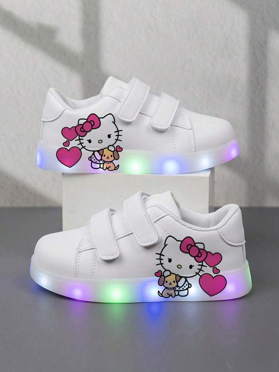 Sanrio 1 Pair Affordable & Fashionable Casual Sports Shoes For Kids, Durable Basketball Shoes Suitable For Daily Wear And Outdoor Activities, Halloween Gift, Luminous Shoes, Outdoor Play Shoes, Fun Design Shoes, Cartoon Print Shoes, Breathable Fabric Shoes, Flexible Sole Shoes, Children's Athletic Shoes, Sports Shoes, Holiday Gift, 2D Flat - White - View 1