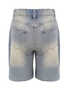 Teens/Young Women Oversized Vintage Washed Denim Bermuda Shorts, Casual Streetwear - Light Wash - View 5