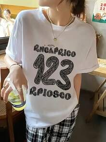 日系女式宽松圆领简约百搭手绘涂鸦字母印花短袖T恤，春夏款 - 白色 - 查看 3