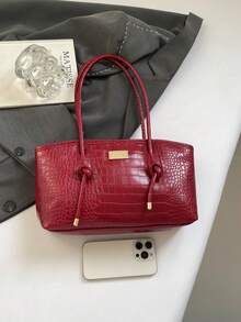 1pc Quilted Zipper Closure PU Solid Color Bowling Bag, Large Capacity Tote Bag, New Fashion Texture One Shoulder Bag, Retro Style Maillard Underarm Commuter Tote Bag, With Rope Knot Pendant, Suitable For Women's Daily Use - Red - View 7