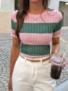 Just Masa Women Summer Casual Elegant Knit Top, Striped Contrast Color Textured Round Neck Short Sleeve Stretchy Fitted Minimalist Cute Lady Pullover Sweater, Suitable For Beach, Travel, Commute, Date, Daily Wear - Pink and Green Stripes - View 9