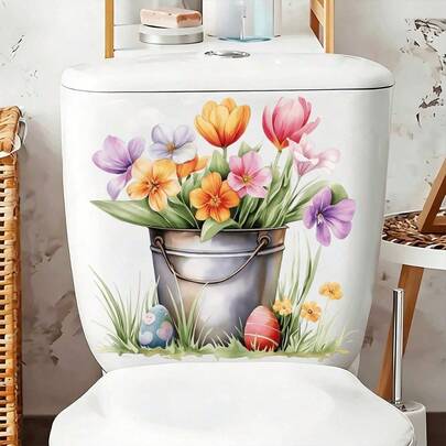 1pc Tulip And Green Leaf Potted Plant Toilet Seat Sticker, Bathroom Wall Sticker, Tulip Wall Decal, Hand-Painted Potted Plant, Self-Adhesive Removable, Peel And Stick, Home Decor Hand-Painted Style Art Sticker