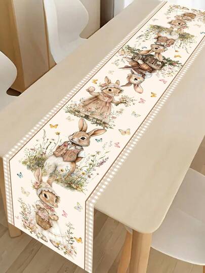 1pc Spring Easter Bunny Table Runner, Coffee Bunny & Floral Pattern Tablecloth, Seasonal Spring Kitchen Dining Table Decor, Holiday Party Outdoor Decoration, Home Happy Easter Decoration, Farmhouse Style Gift, Size 13x70 Inches