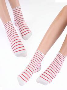 2双女士时尚休闲红色条纹棉袜 - 彩色 - 查看 5