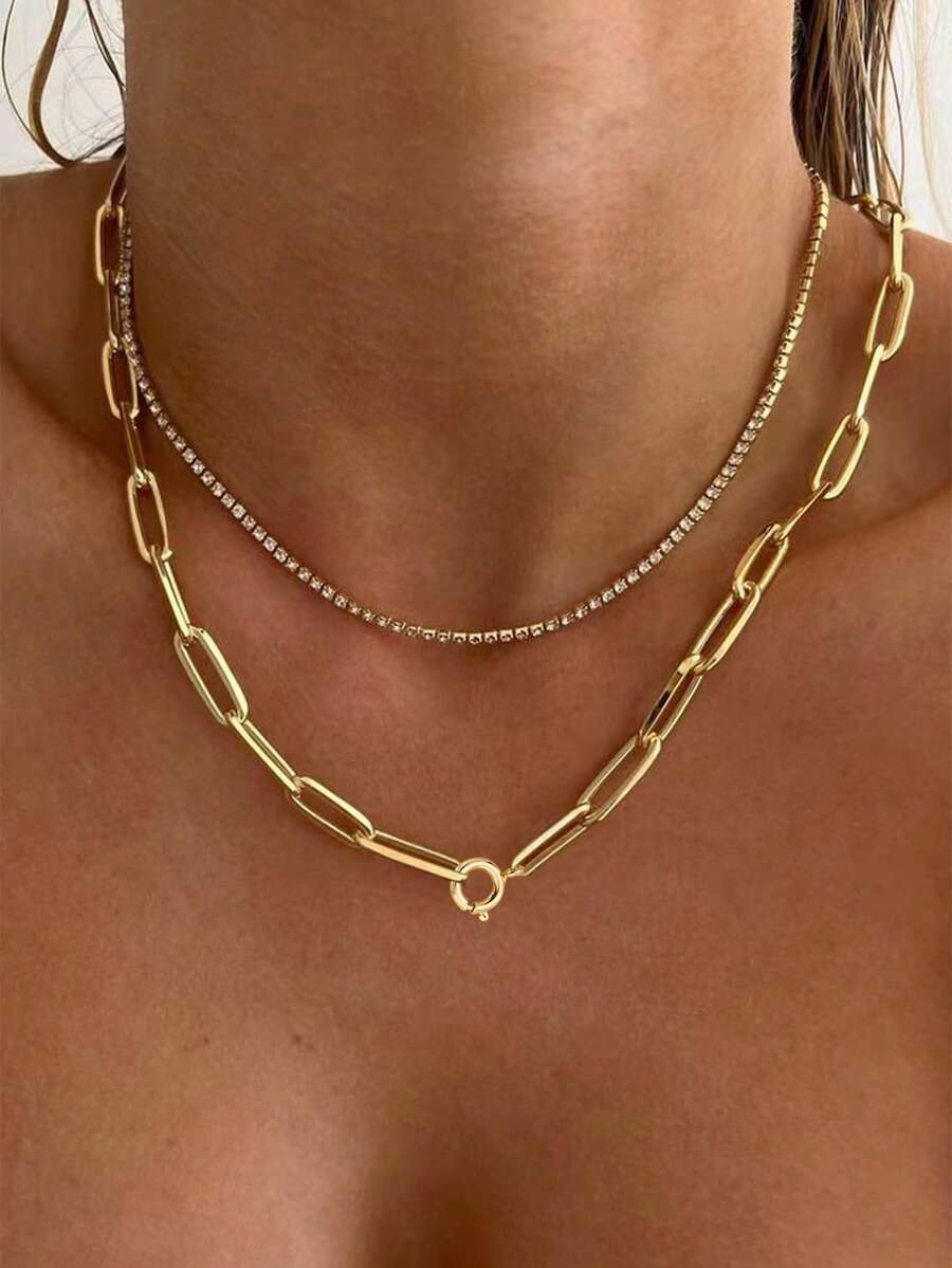 2pcs Fashionable Minimalist Paperclip & Rhinestone Multilayer Chain Necklace (Random Quantity Of Chain Rings) - Yellow Gold - View 1