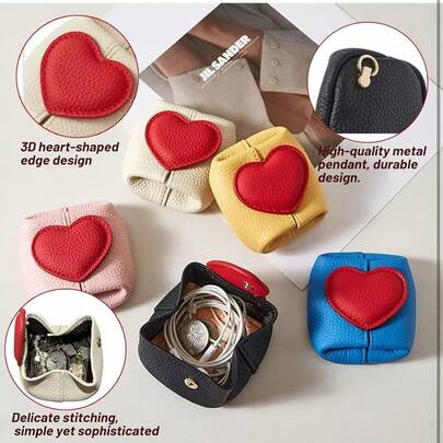 PAKRYS 1/2pcs Heart-Shaped Genuine Leather Coin Purse (3.2"L X 3.2"W X 1.4"H) - Ideal Valentine's Day Gift For Her, Multi-Color Snap Mini Storage Pouch For Earphones And Coins, Elegant Style, Solid Color Mini Wallet, Heart-Shaped Coin Pouch, Key Card Lipstick Holder