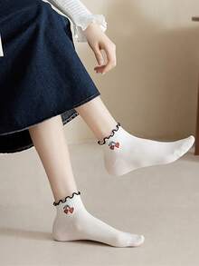 4双装女士荷叶边短袜，图案包括：樱桃、蝴蝶结、条纹、格子、爱心，优雅风格，适合春夏穿着。 - 彩色 - 查看 5