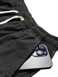 女士灯芯绒休闲裤，四季皆宜，女士健身裤，腰部抽绳可调节，带口袋，适合居家、健身、日常穿着、户外徒步，是送给女朋友的理想春季礼物。 - 黑色 - 查看 5