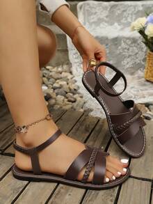 New Woven Slip-On Flat Sandals, Versatile Open Toe Flat Roman Sandals In Brown, Khaki, Black, White, Coffee Color - Coffee Brown - View 4